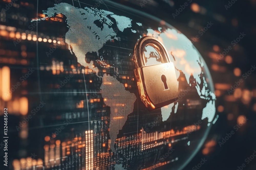 Poster data protection and security concepts illustrated with a padlock over a digital world map and data p
