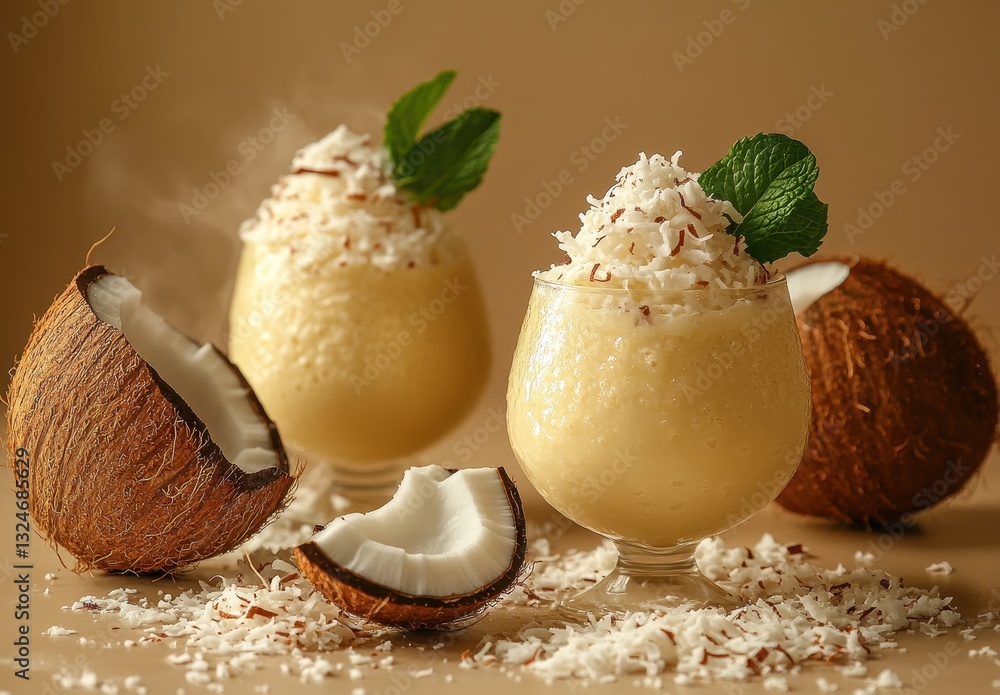 Poster refreshing coconut smoothie with shredded coconut topping and mint garnish served in elegant glasses