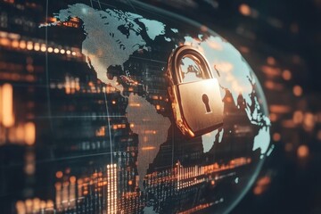 Data protection and security concepts illustrated with a padlock over a digital world map and data processing graphics, data processing and padlock over globe and world map