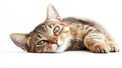 Obraz premium Adorable Tabby Cat Relaxing on White Background, Studio Pet Portrait for Marketing or Advertising