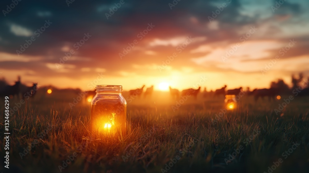 Aufkleber charming jars filled with soft light create a magical atmosphere while the sun sets in the backgroun