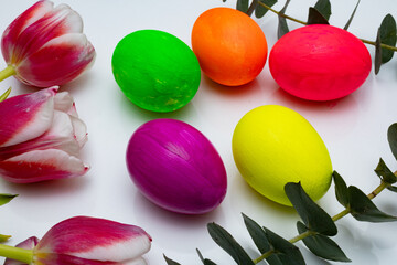 Preparing for Easter, Easter colorful eggs and flowers