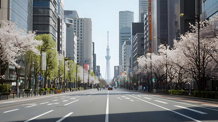 Obraz premium Urban Street View Lined With Cherry Blossom Trees And Modern Buildings Under A Clear Sky
