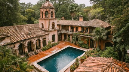 Tropical Estate Courtyard Pool Aerial View