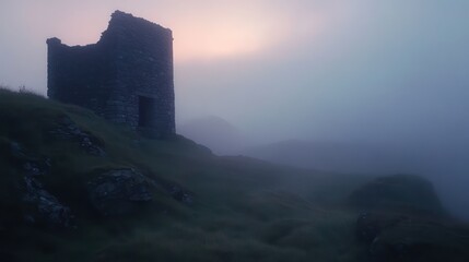 Fototapeta premium An old stone ruin sits on a grassy and foggy hillside