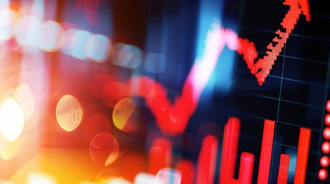 Close-up of a downward arrow graph on a digital screen with financial charts, symbolizing an earnings miss, financial decline, and market analysis concepts.