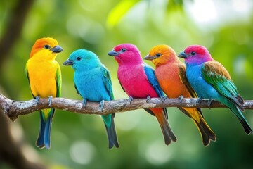 Obraz premium Colorful birds perched on a branch in a vibrant natural setting during daylight hours, birds with bright colors sit on a branch