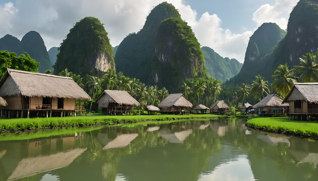 Tropical Village with Thatched Huts and Mountainous Landscape &ndash; A Hidden Paradise
