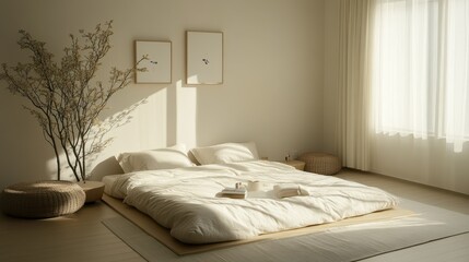 A minimalistic and serene bedroom with natural light and soft textures