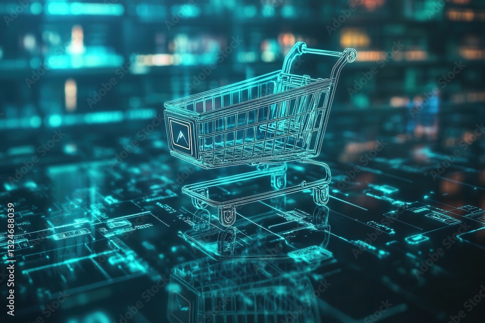 Aufkleber futuristic floating shopping cart in digital space showcases cyberpunk aesthetics and glowing hologr