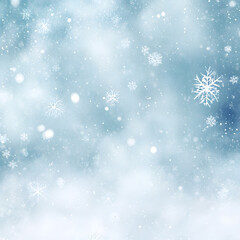 Fototapeta premium Snowy branches, winter scene, light blue sky, falling snow, nature background