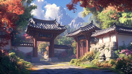 A scenic entrance leads to a traditional architecture landscape