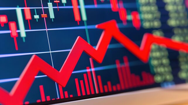 Close-up of a downward arrow graph on a digital screen with financial charts, symbolizing an earnings miss, financial decline, and market analysis concepts.