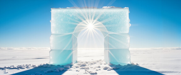 Crystal archway radiating sunlight over icy landscape, ideal for educational content