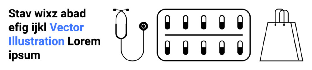 Stethoscope next to a pack of medication capsules, and a shopping bag outline. Ideal for healthcare, pharmacy, online sales, medical consultation, e-commerce, retail and promotions. Landing page