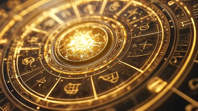 Mystical Zodiac Wheel Rotating with Golden Light Effect and Detailed Engravings