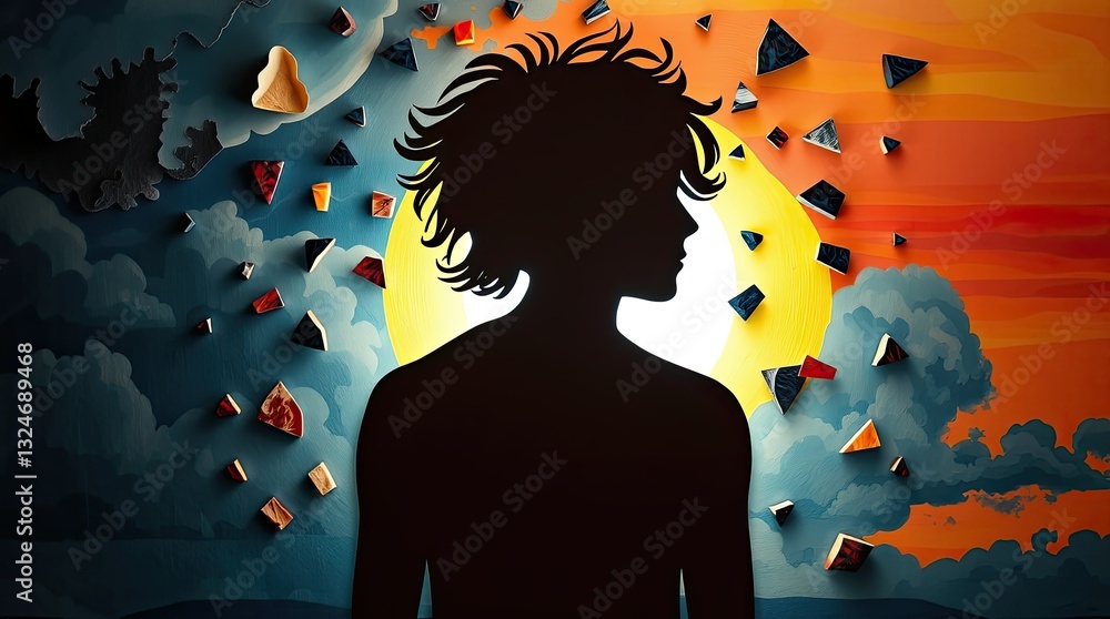 Aufkleber a silhouette of a person stands in front of a bright sunset surrounded by colorful abstract shapes a
