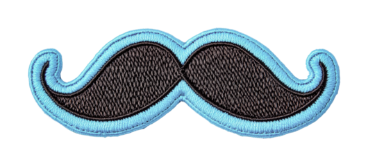 Blue-edged embroidered moustache patch with twisted design on black fabric, cut out