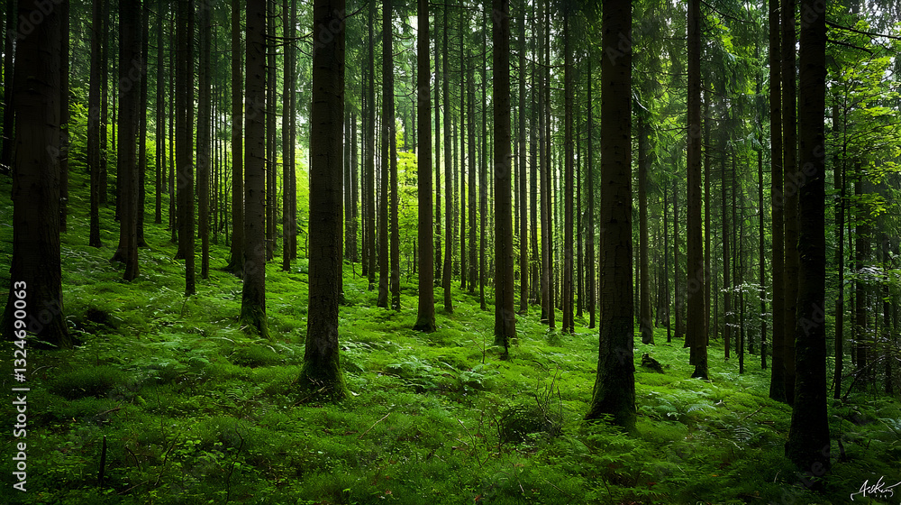 Poster lush green forest scene with tall trees and sunlight shining through creating serene wilderness atmo