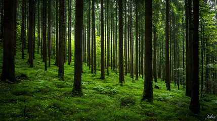 Fototapeta premium Lush Green Forest Scene With Tall Trees And Sunlight Shining Through Creating Serene Wilderness Atmosphere