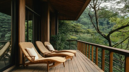 Obraz premium Comfortable lounge chairs on a wooden deck overlooking lush greenery