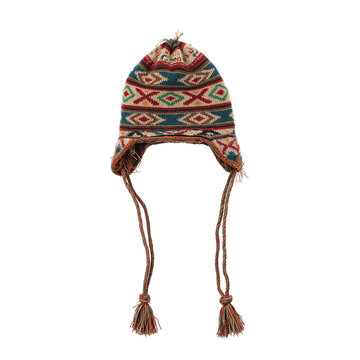 Colorful Peruvian chullo hat with Andean patterns long braided tassels and ear flaps Perfect for winter fashion concepts