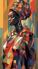 Fototapeta premium A Vibrant Portrait of a Woman in a Colorful Geometric Patterned Dress