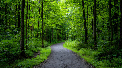 Obraz premium A Winding Forest Path Leads Through a Dense Green Woodland Under Bright Daylight
