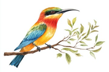 Obraz premium Colorful beeeater perched on a branch surrounded by lush leaves, beautiful colored bird bee-eater sits on a branch and squeaks