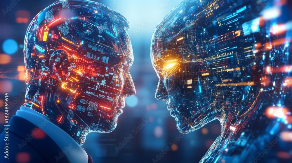 Poster dynamic interaction between human and artificial intelligence in futuristic setting