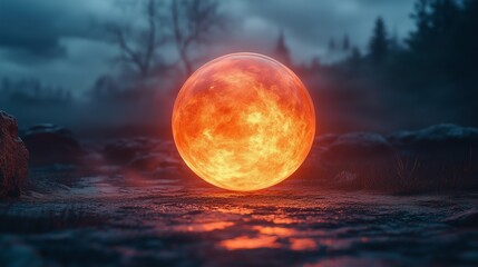 Background with orange glowing orb in nature, AI-generative