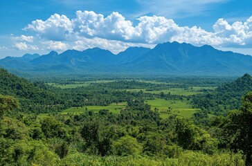 Fototapeta premium Scenic panoramic view of lush green valley surrounded by majestic mountains under a bright blue sky with fluffy white clouds in daytime