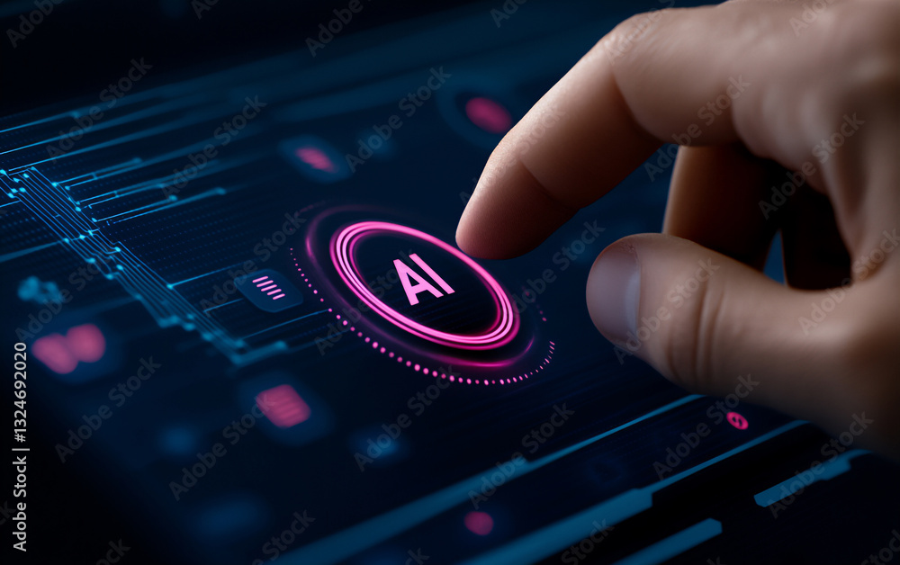 Poster artificial intelligence concept with hand touching ai button on digital sc
