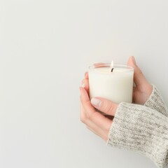 A Woman's Hands Holding a Lit White Candle