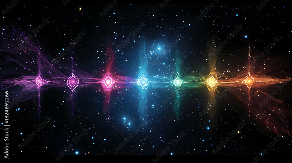 Poster colorful nebula display across dark space with starry field and spectrum lighting effect