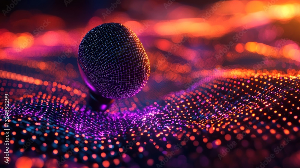 Poster a studio microphone surrounded by digital colorful particle waves