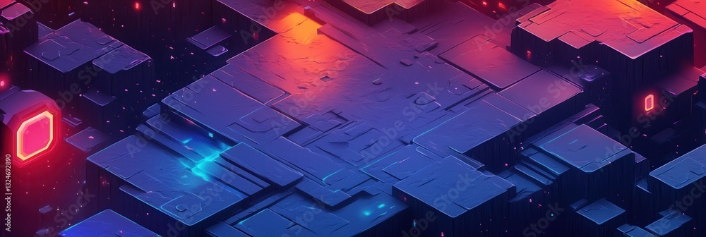 Aufkleber Isometric gaming-inspired background featuring stylized terrain and dynamic lighting effects in a vibrant virtual landscape