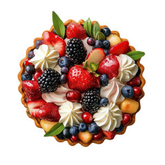 Obraz premium Delicious Berry Tart with Cream, Strawberries, and Blueberries Overhead Shot