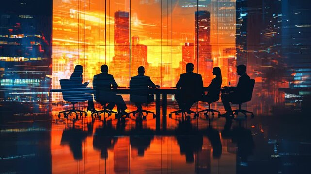 Silhouetted team meeting in futuristic cityscape with vibrant orange skyline