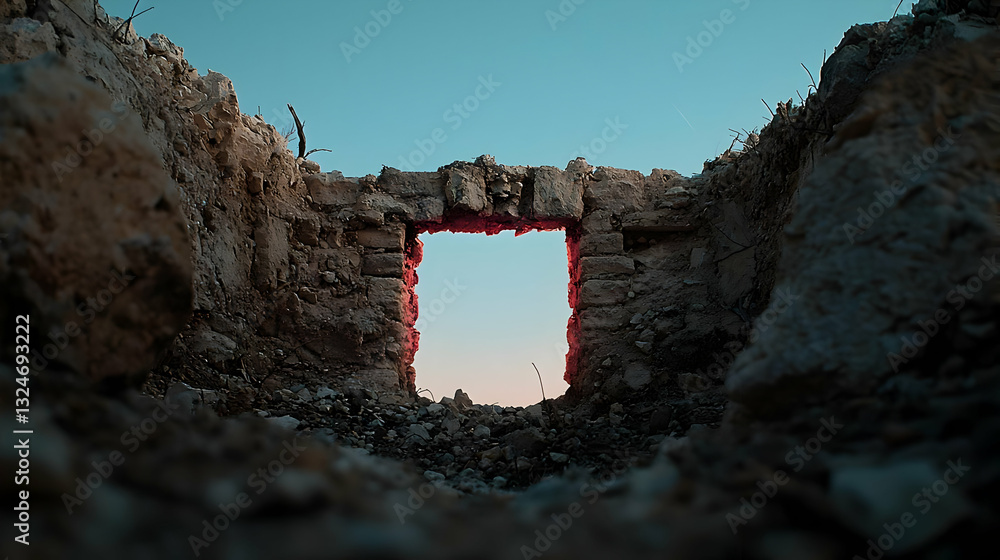 Poster abstract pixelated tunnel structure with square opening showing orange light and blue sky background