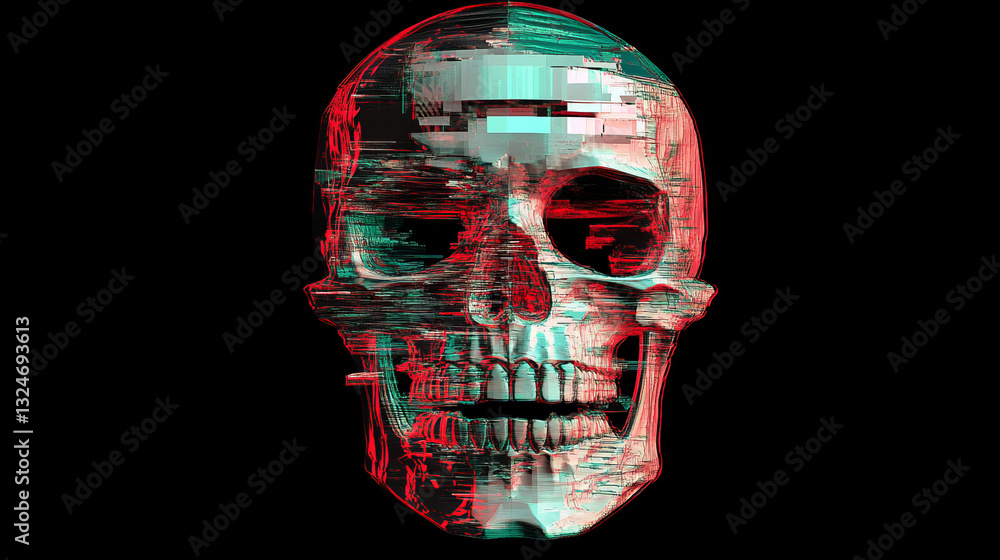 Poster vector distorted glitch concept. tv distortion 3d effect stereoscopic, anaglyph human skull. technol