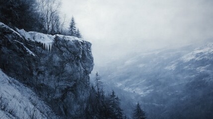 A cold winter landscape depicting a snowy cliff and mountains