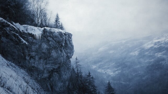 A cold winter landscape depicting a snowy cliff and mountains