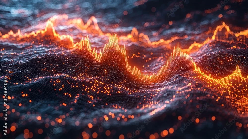 Poster abstract data visualization: fiery orange peaks and valleys of digital terrain