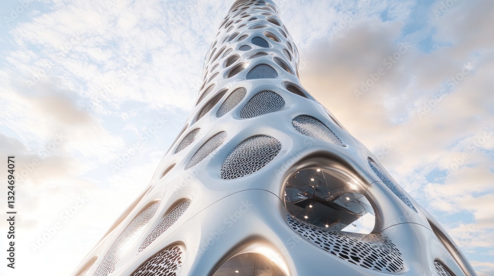 Poster a modern architectural building reaching high with abstract design elements