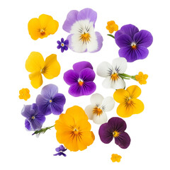 Fototapeta premium Edible pansy flowers in assorted colors isolated on a white background