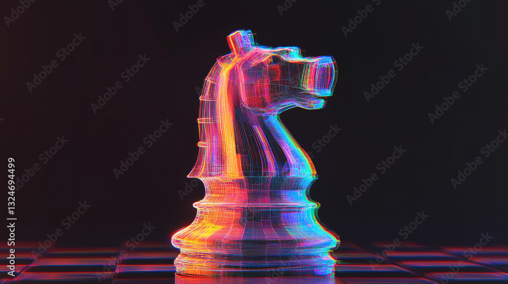 Poster chess knight with interference. glitch logo of head of horse on dark background. white object with a