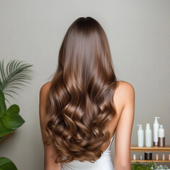 Fototapeta premium Back view of a woman with long, wavy, shiny brown hair in a beauty salon