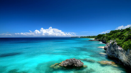 Obraz premium Vivid Blue Ocean Water Meets Rocky Shoreline Under Clear Azure Sky on Sunny Day