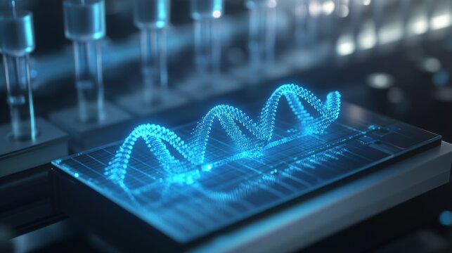 A sophisticated bio-computer setup displays intricate data visualizations in glowing blue light. It captures bioinformatics processes, showcasing waves and signals indicative of advanced analysis.